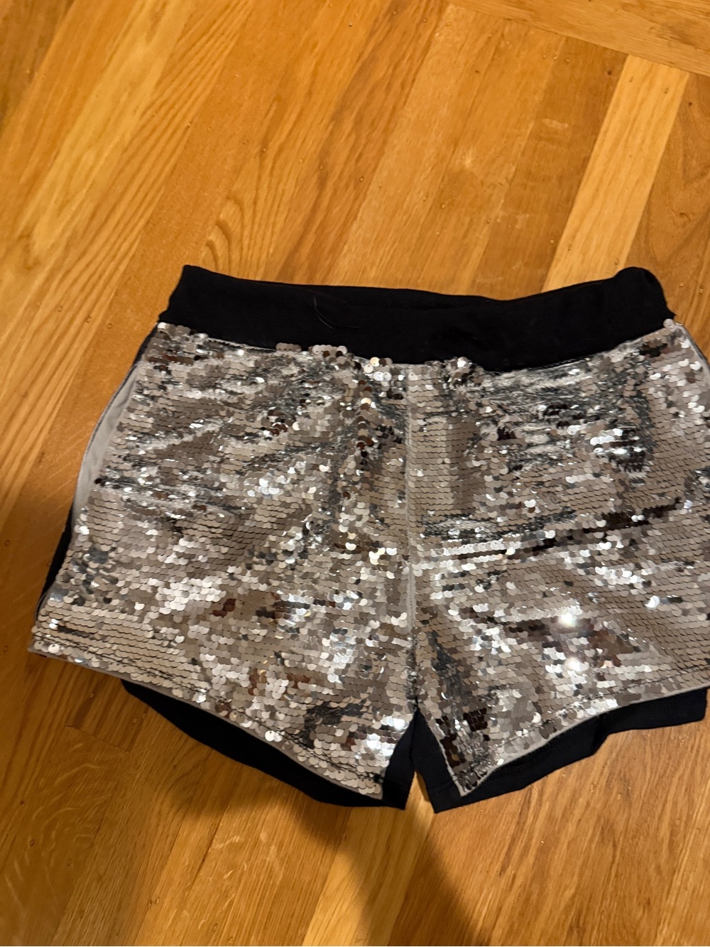 Zumba Fitness Silver Sequin Athletic Shorts with Black Waistband